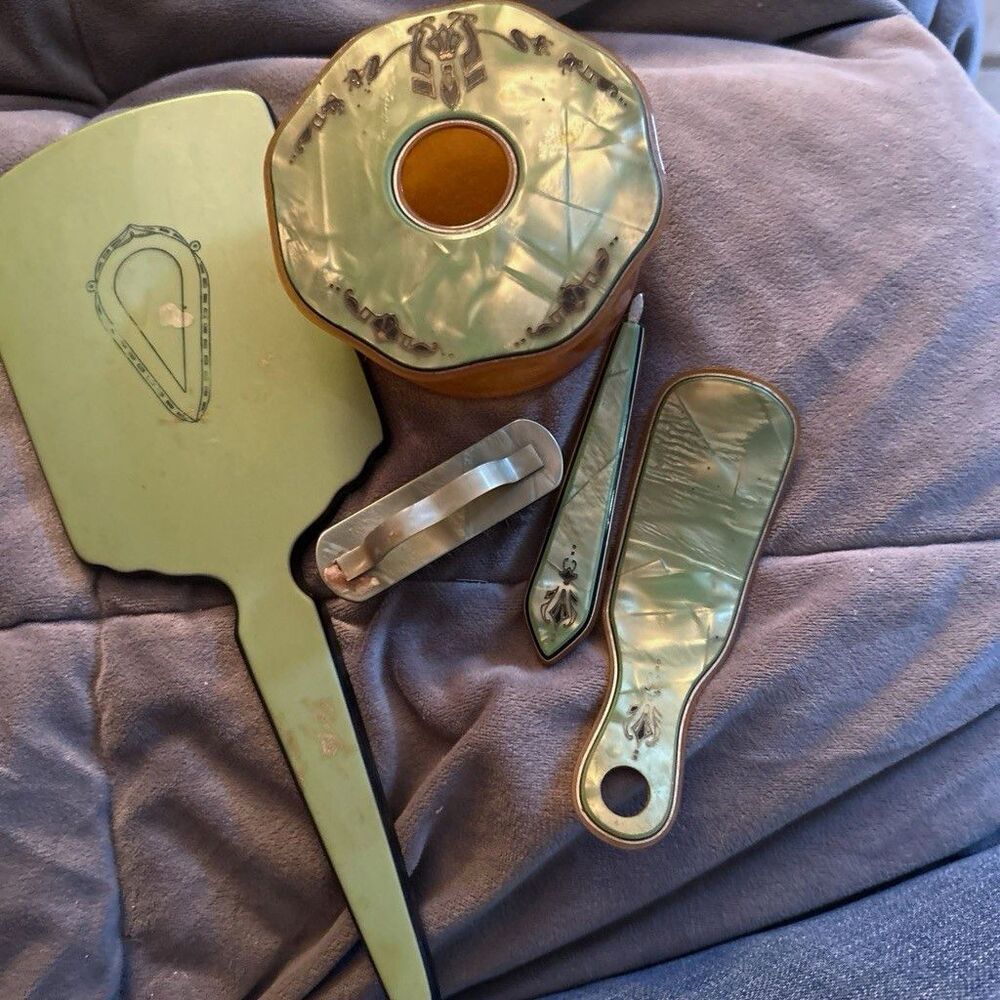 Vintage Vanity Grooming Set w/ Hand Mirror, Powder Jar, Brush, Nail File Green